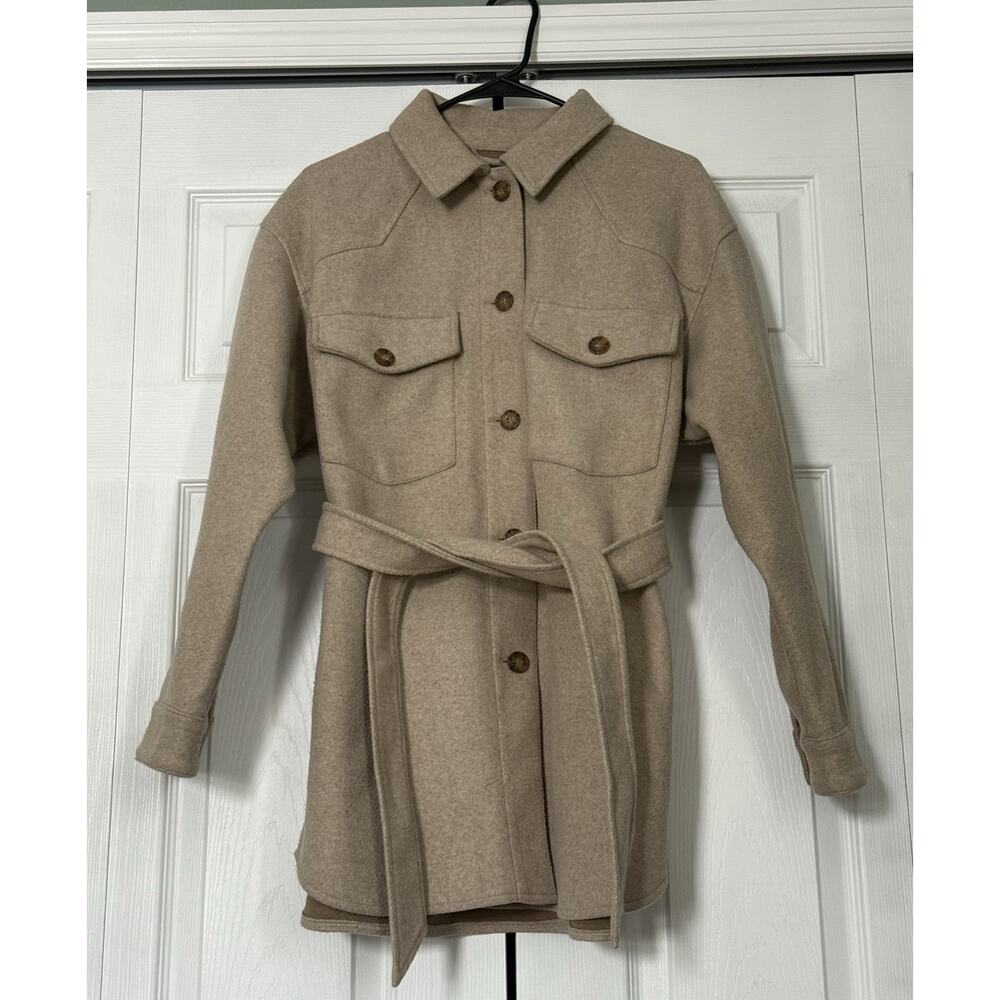 Zara Womens Button Up Collar Long Sleeve TieWaist Jacket Shacket Beige Sz Large